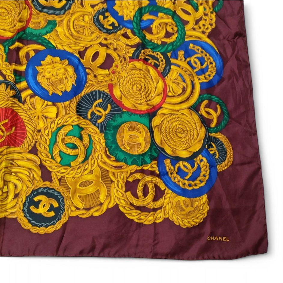 CHANEL Burgundy & Gold CC Logo Jewelry Motif 100% Silk Scarf