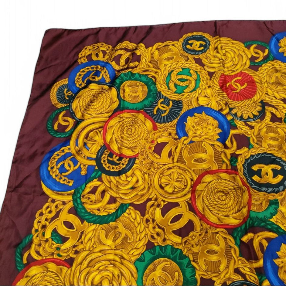 CHANEL Burgundy & Gold CC Logo Jewelry Motif 100% Silk Scarf