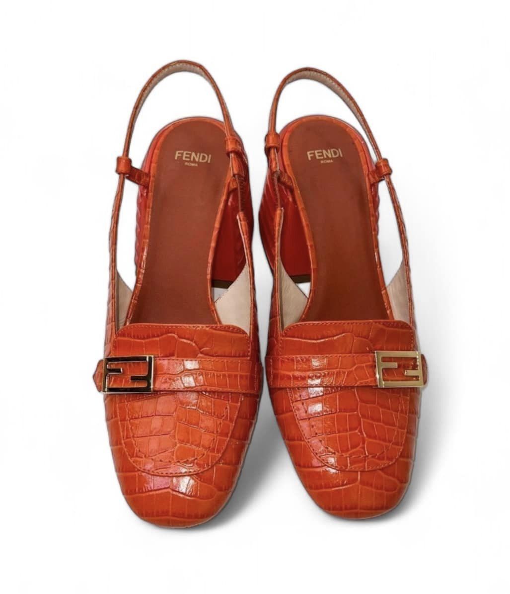 FENDI Orange Rust Runway Croc Effect FF Logo Buckle Slingback Pumps Size EU36