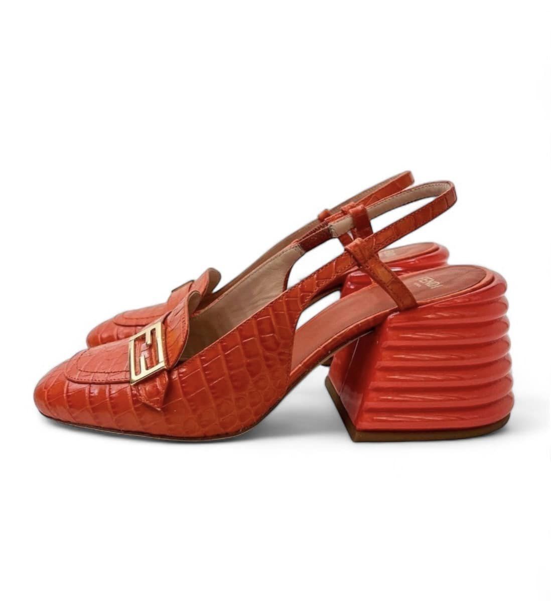FENDI Orange Rust Runway Croc Effect FF Logo Buckle Slingback Pumps Size EU36