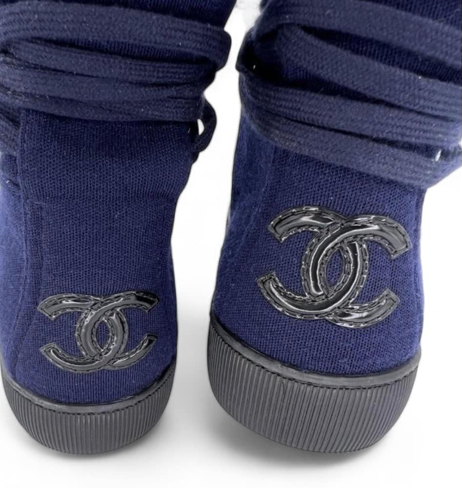 CHANEL Indigo Suede CC Logo Lace-Up Black Cap Toe Sneaker Boots Size EU37