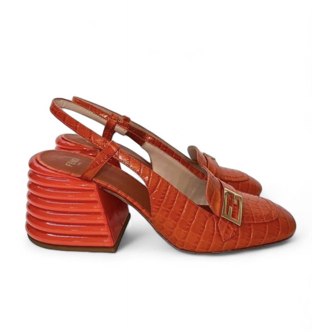 FENDI Orange Rust Runway Croc Effect FF Logo Buckle Slingback Pumps Size EU36