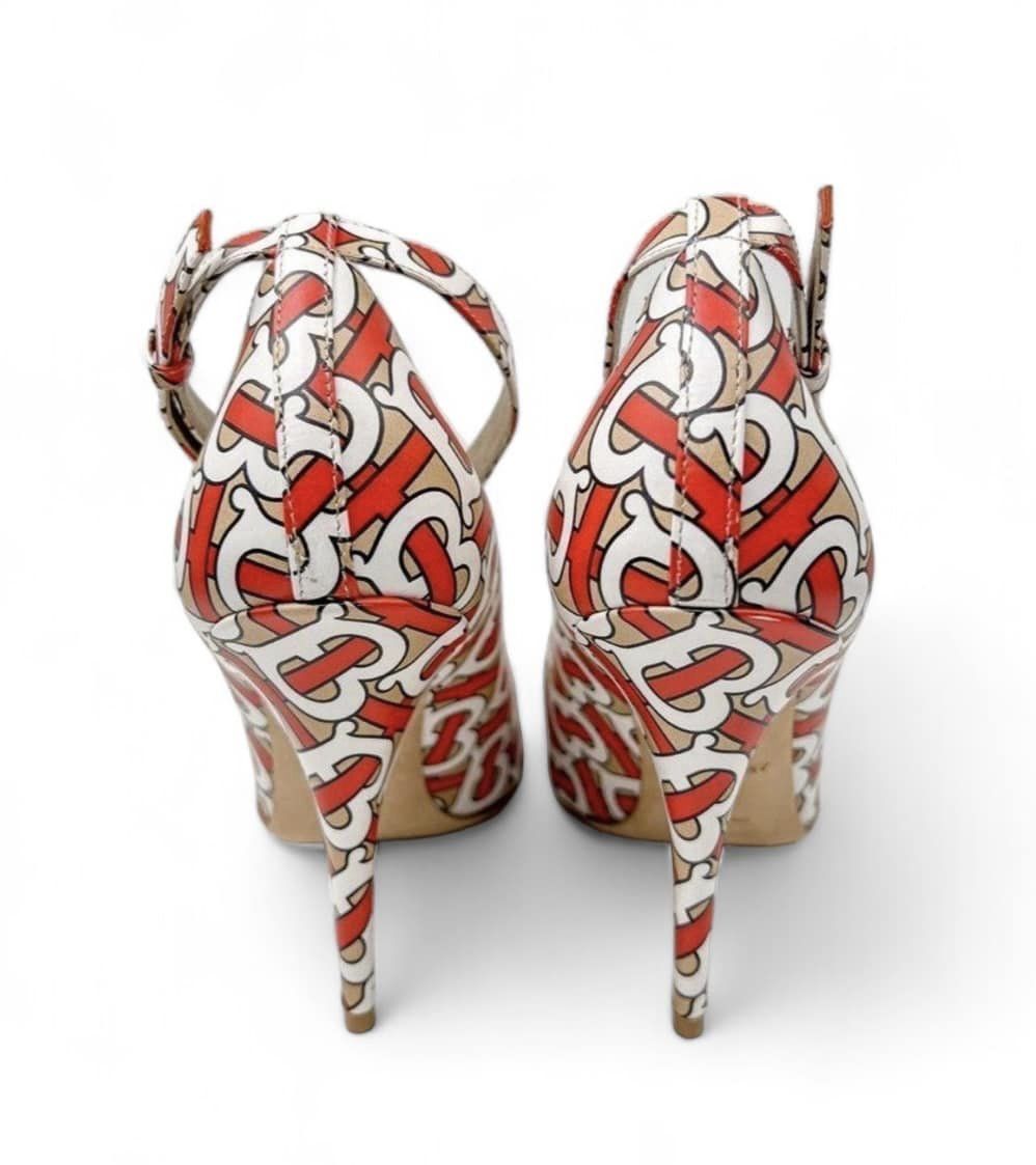 BURBERRY Runway Red & Beige TB Monogram Logomania Ankle Strap Pumps Size IT39.5