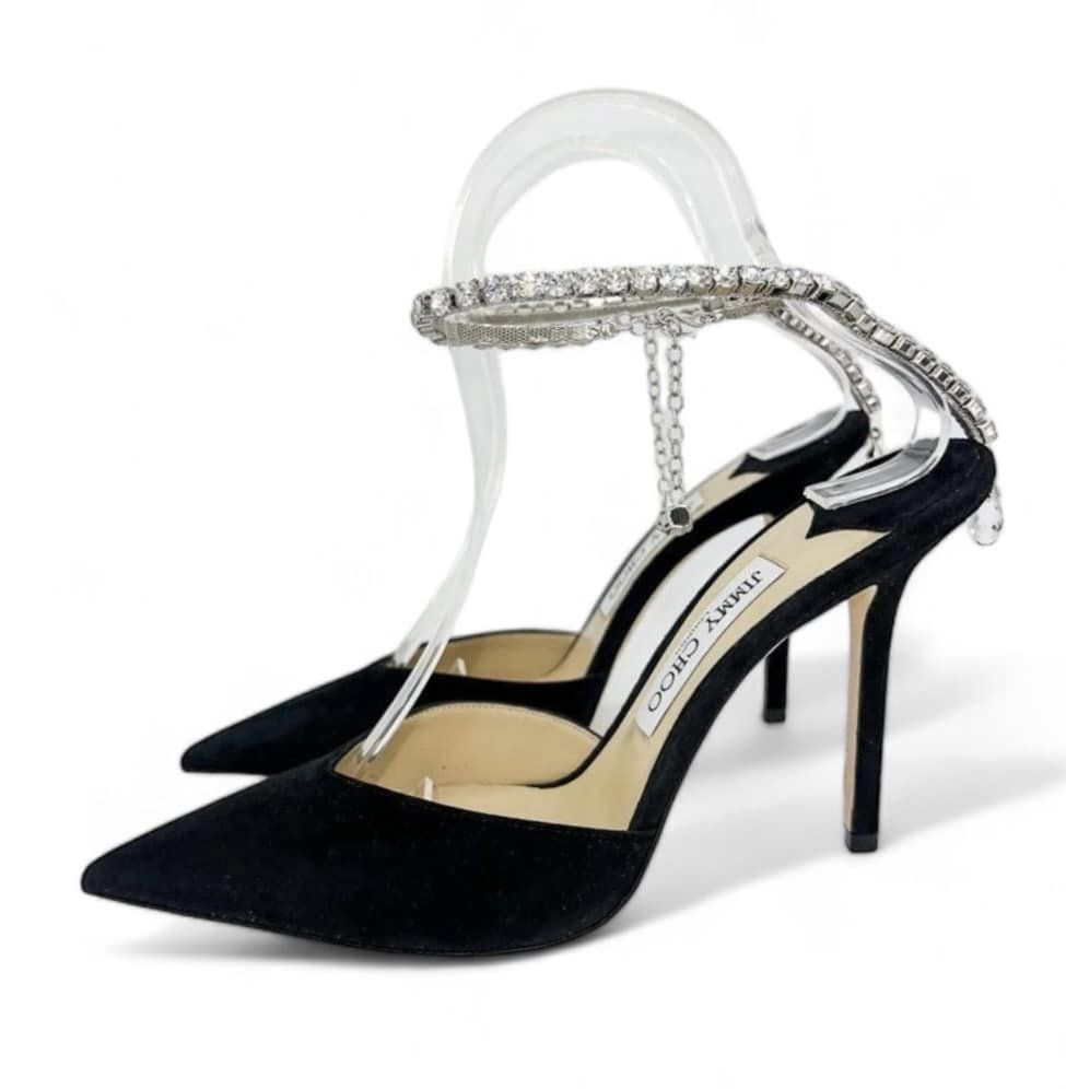 Rihanna in JIMMY CHOO Saeda Black Crystal Embellished Sandals Size EU39.5
