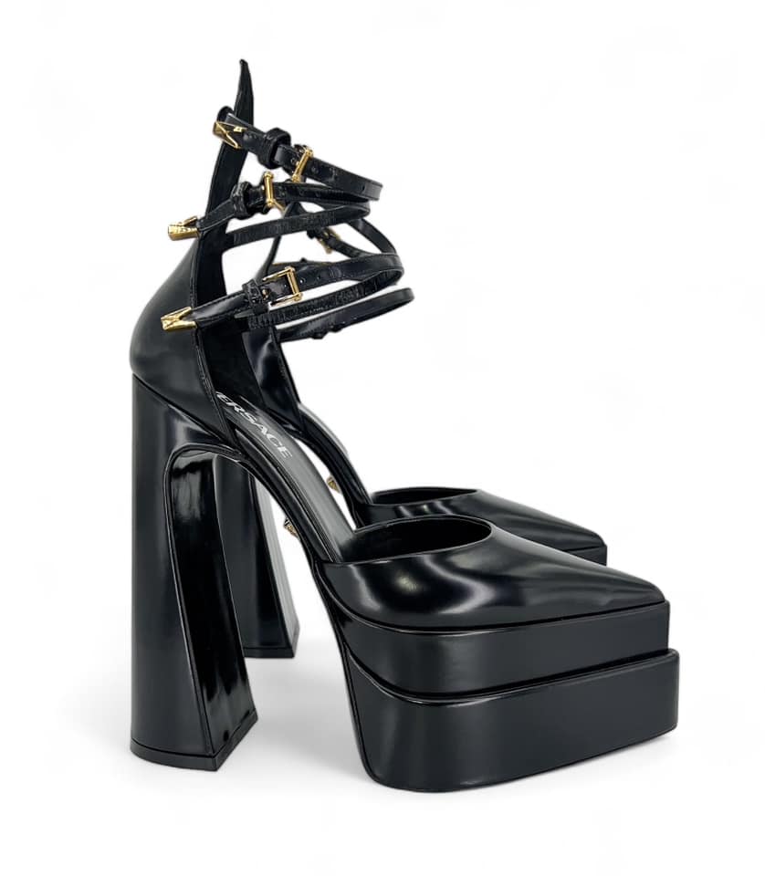 Beyoncé in VERSACE Mary Jane Black Strappy Platform Block Heel Pumps Size EU38