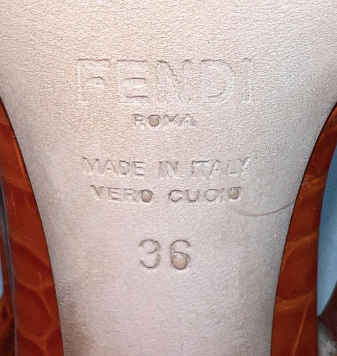 FENDI Orange Rust Runway Croc Effect FF Logo Buckle Slingback Pumps Size EU36