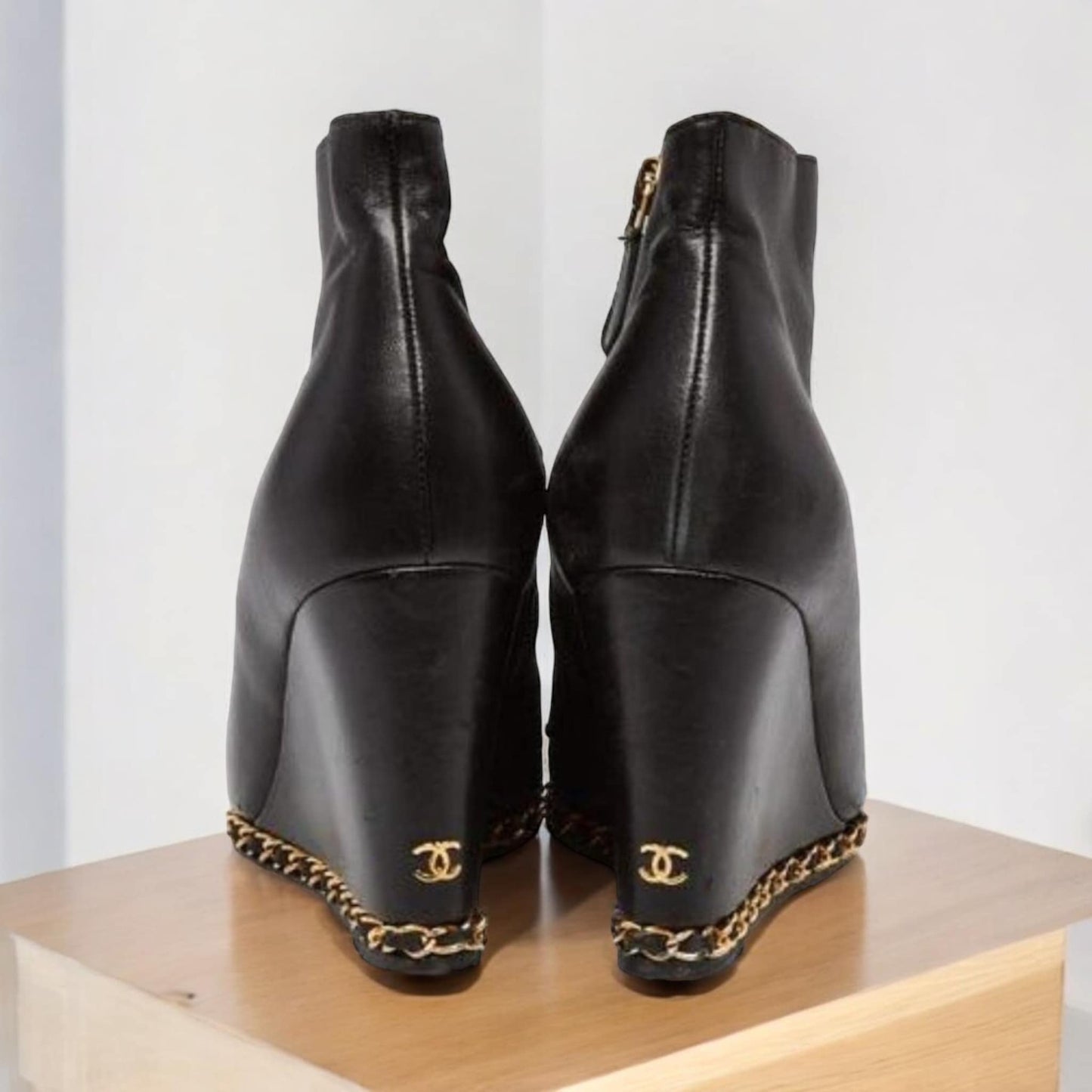 CHANEL Black Open Toe Lambskin Leather Gold Chain Wedge Ankle Boots Size EU38