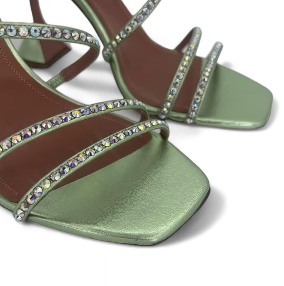 AMINA MUADDI Naima Mint Green Crystal Embellished Fluted Sandals Size EU40