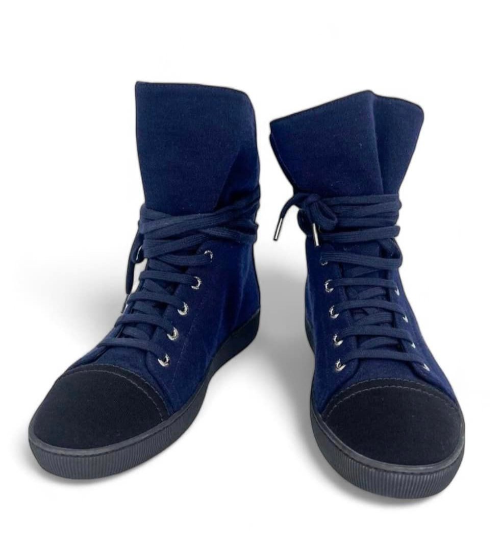 CHANEL Indigo Suede CC Logo Lace-Up Black Cap Toe Sneaker Boots Size EU37
