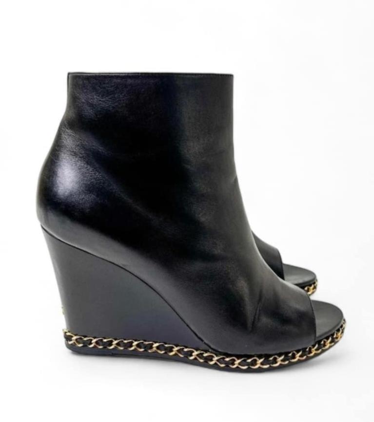 CHANEL Black Open Toe Lambskin Leather Gold Chain Wedge Ankle Boots Size EU38