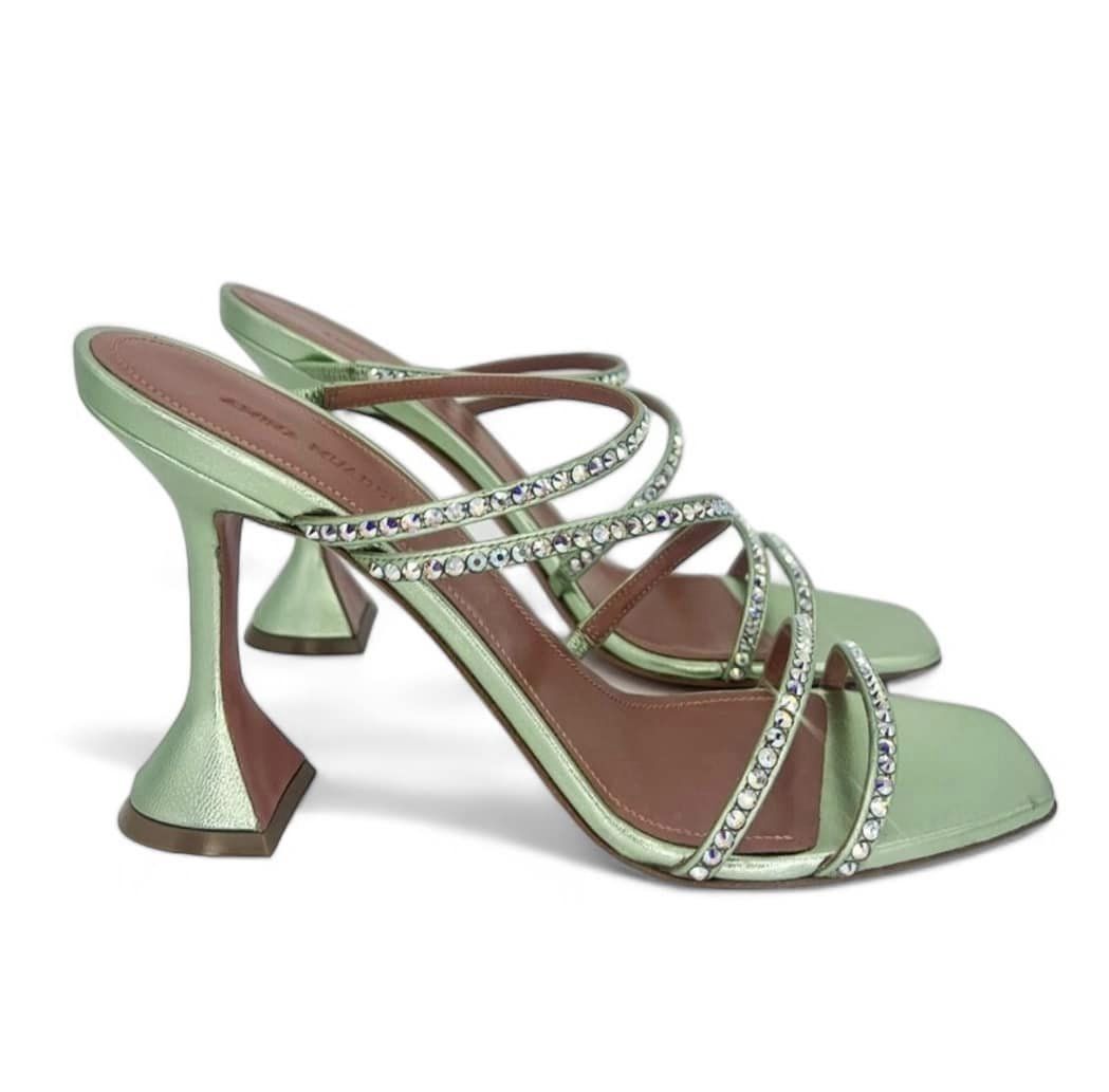 AMINA MUADDI Naima Mint Green Crystal Embellished Fluted Sandals Size EU40