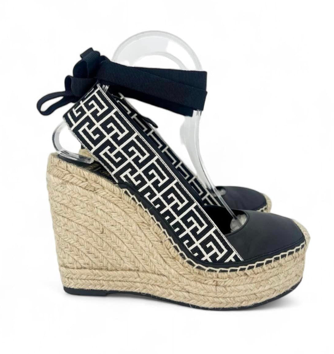 BALMAIN Black Alex Monogram Jacquard Espadrille Wedge Sandals SizeEU38