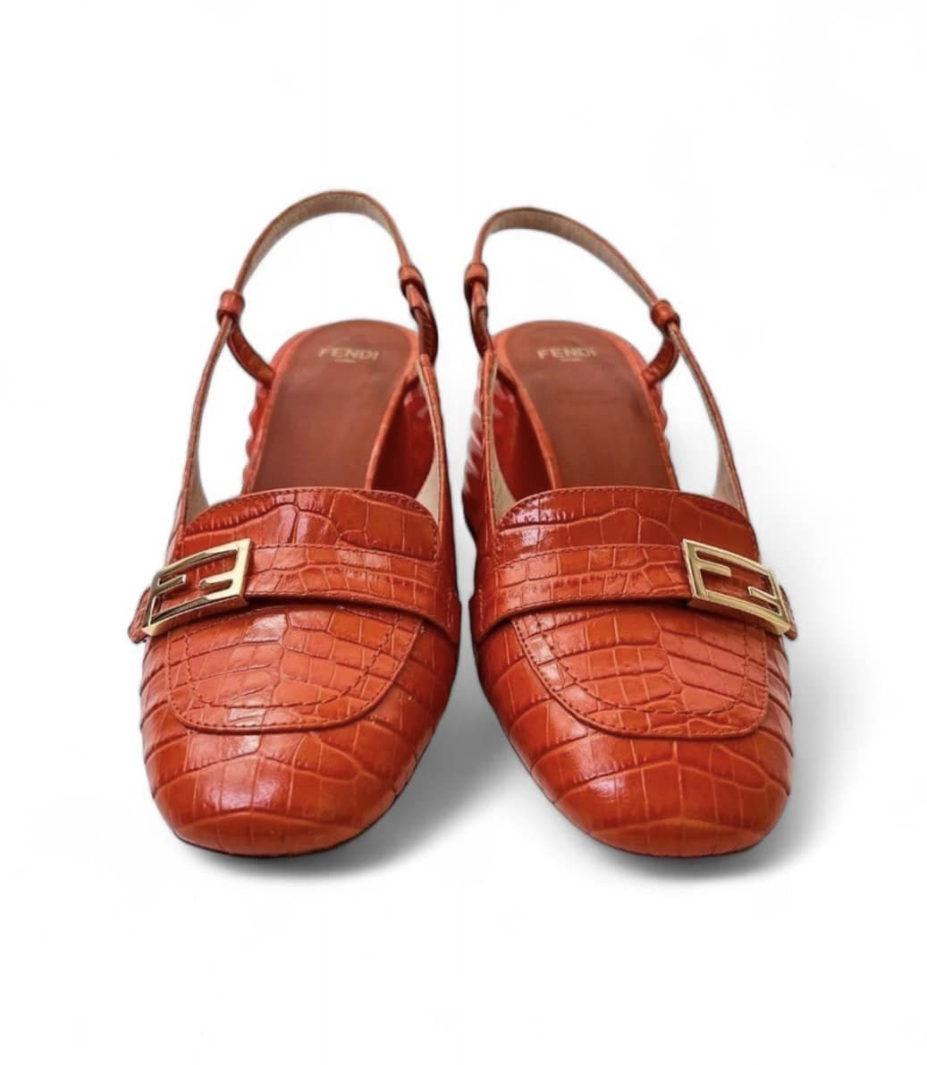 FENDI Orange Rust Runway Croc Effect FF Logo Buckle Slingback Pumps Size EU36