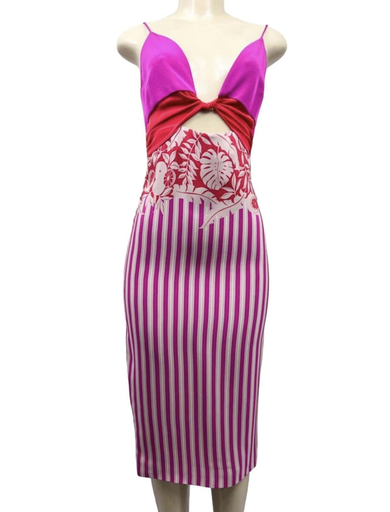 Rihanna's CUSHNIE Runway 100% Silk Stripe & Floral Sheath Midi Dress Size 2