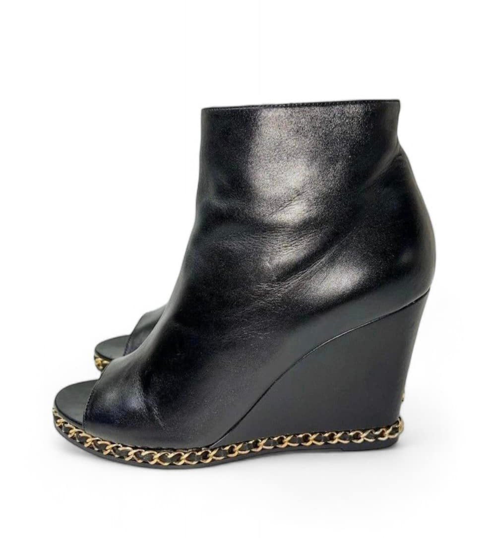 CHANEL Black Open Toe Lambskin Leather Gold Chain Wedge Ankle Boots Size EU38