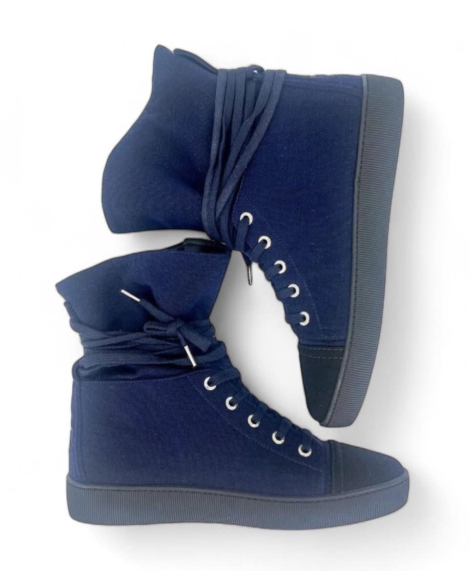 CHANEL Indigo Suede CC Logo Lace-Up Black Cap Toe Sneaker Boots Size EU37