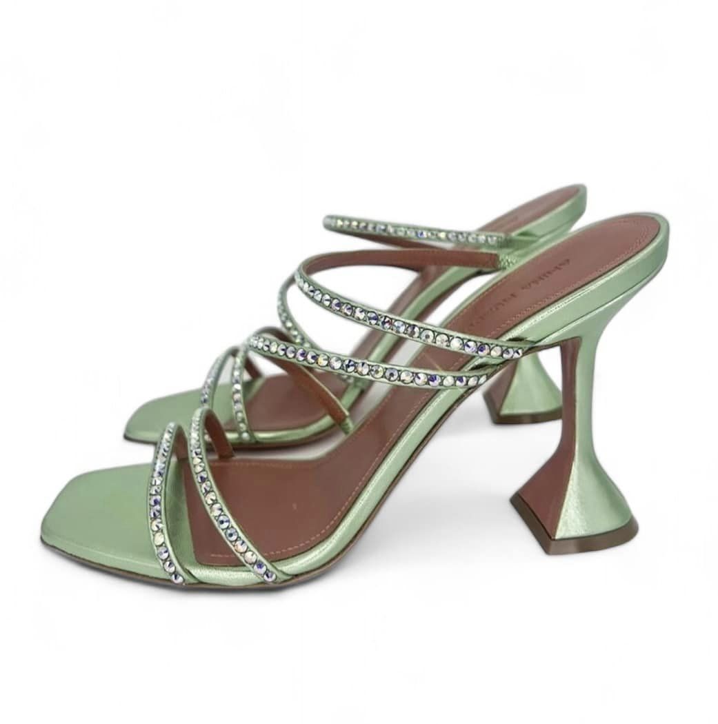 AMINA MUADDI Naima Mint Green Crystal Embellished Fluted Sandals Size EU40