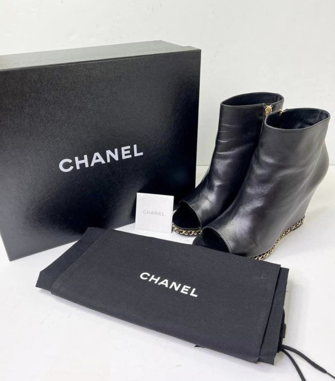 CHANEL Black Open Toe Lambskin Leather Gold Chain Wedge Ankle Boots Size EU38