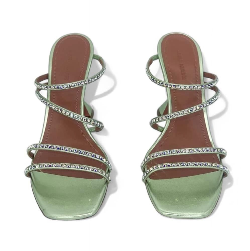 AMINA MUADDI Naima Mint Green Crystal Embellished Fluted Sandals Size EU40