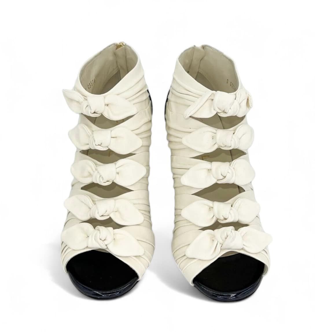 CHANEL Ivory Bow Detail CC Logo Ruched Ankle Booties Size EU40