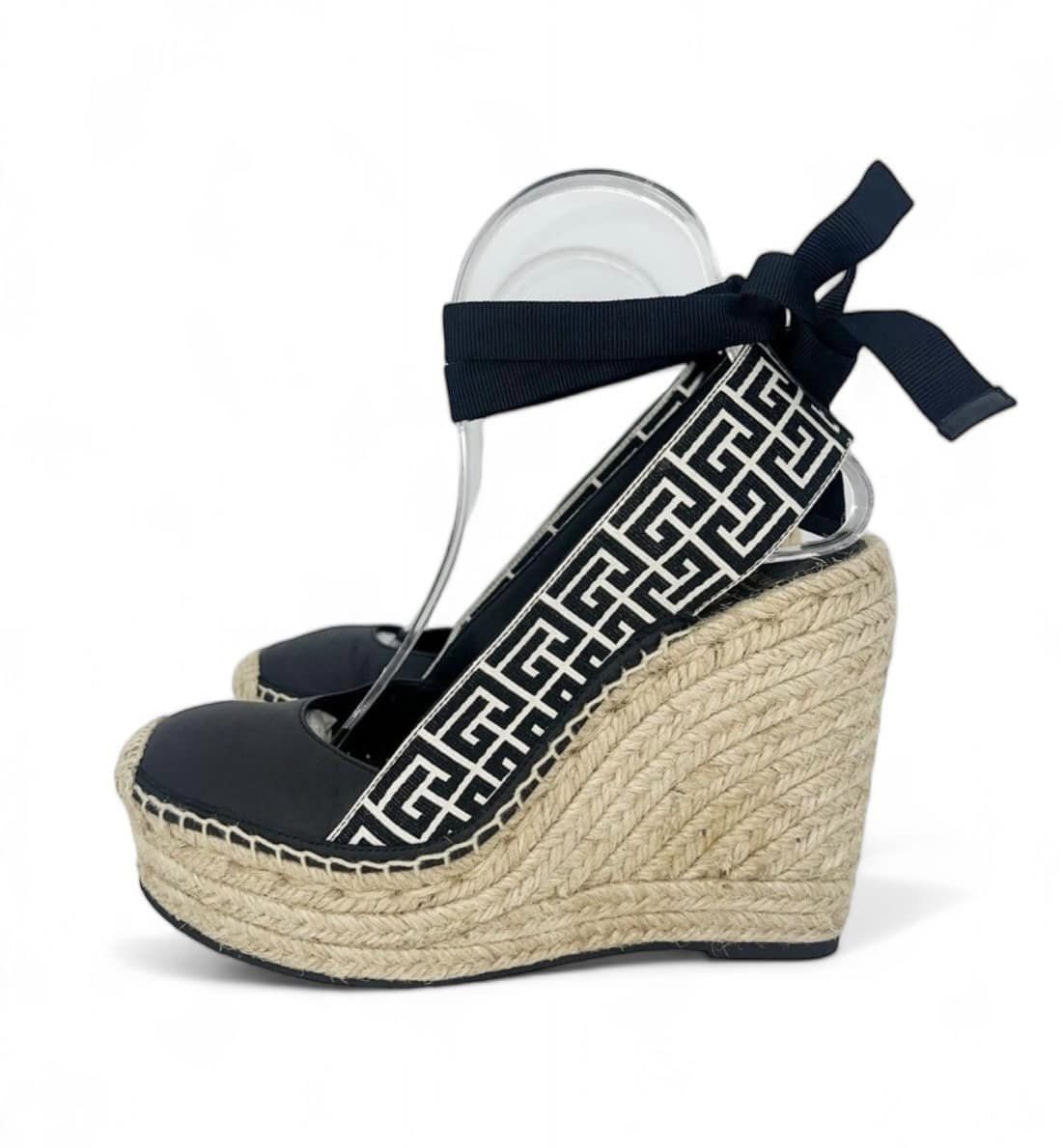 BALMAIN Black Alex Monogram Jacquard Espadrille Wedge Sandals SizeEU38