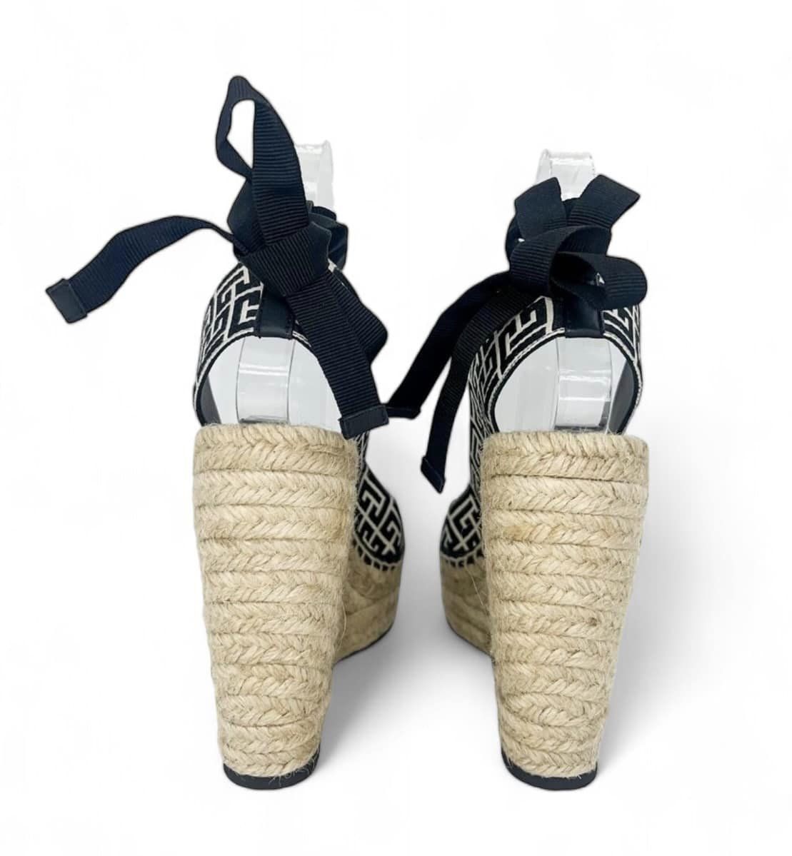 BALMAIN Black Alex Monogram Jacquard Espadrille Wedge Sandals SizeEU38