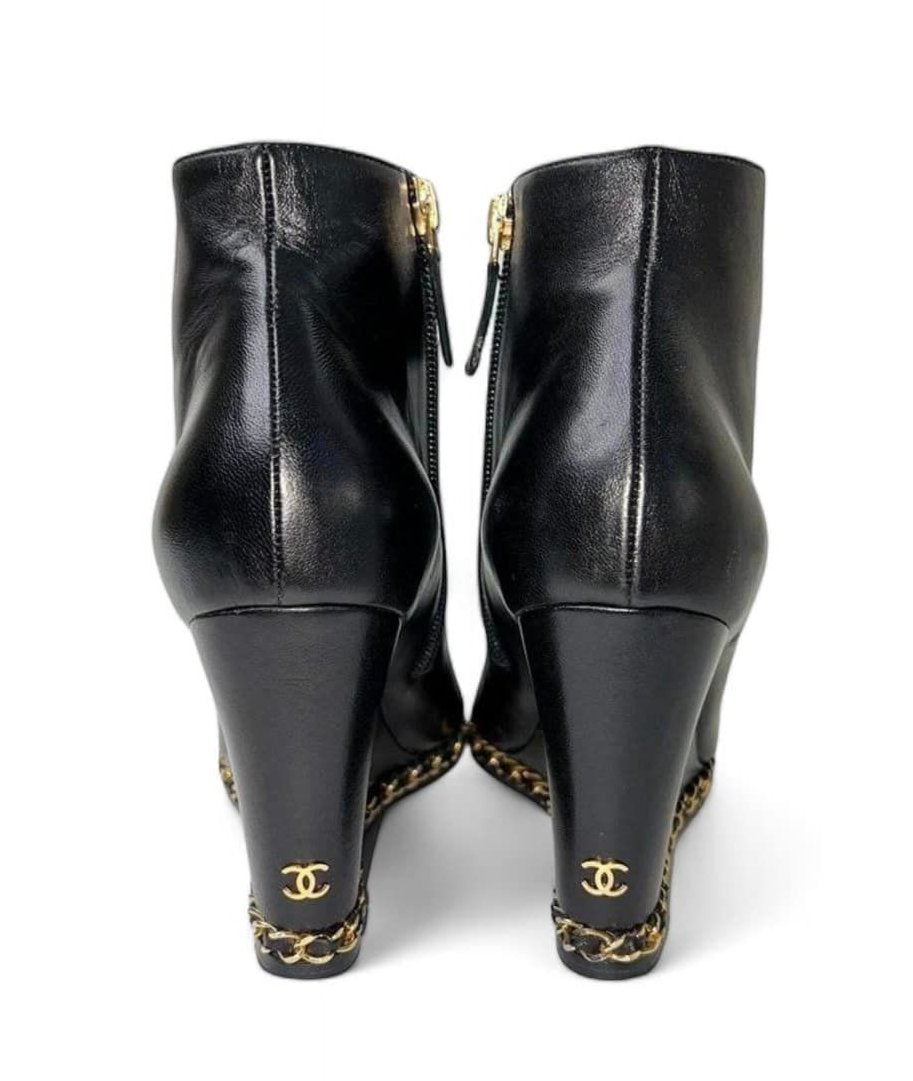 CHANEL Black Open Toe Lambskin Leather Gold Chain Wedge Ankle Boots Size EU38