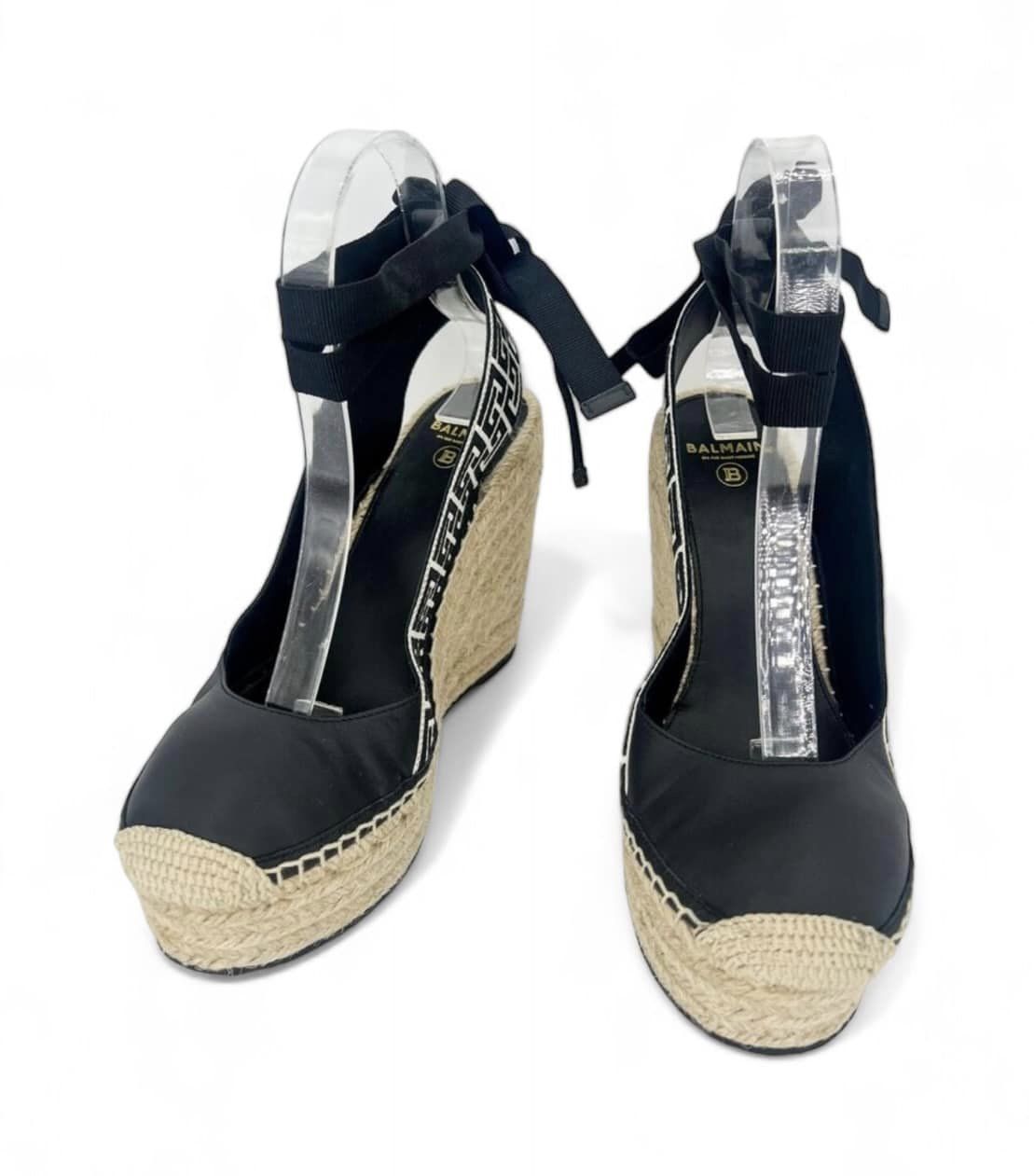 BALMAIN Black Alex Monogram Jacquard Espadrille Wedge Sandals SizeEU38