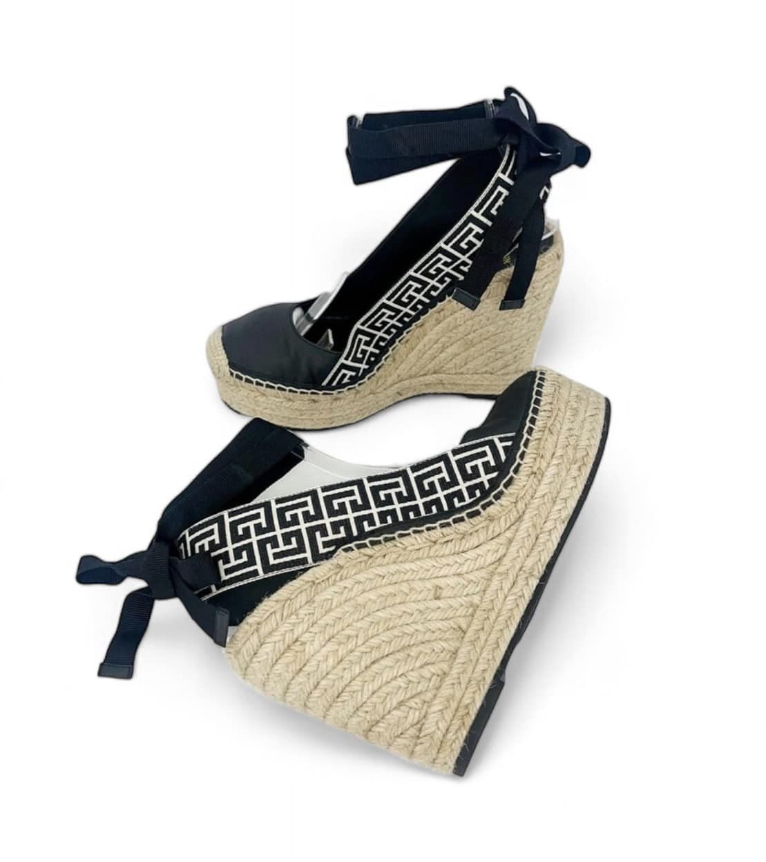 BALMAIN Black Alex Monogram Jacquard Espadrille Wedge Sandals SizeEU38