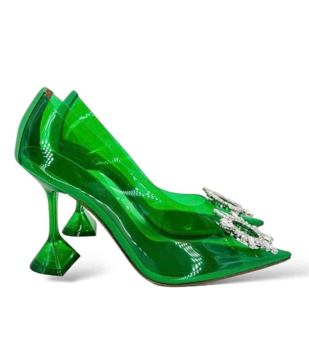 AMINA MUADDI Begum Green Pointed Toe Crystal Brooch Glass Pumps EU38.5
