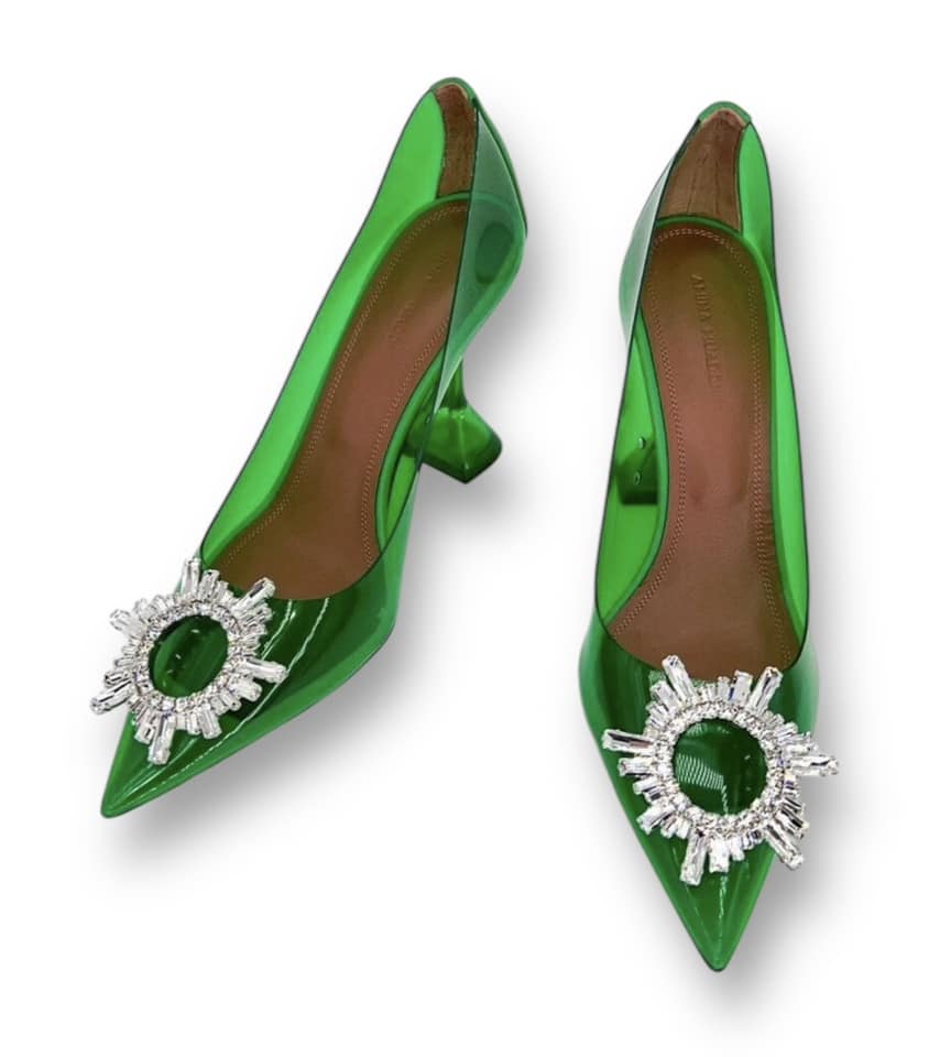 AMINA MUADDI Begum Green Pointed Toe Crystal Brooch Glass Pumps EU38.5