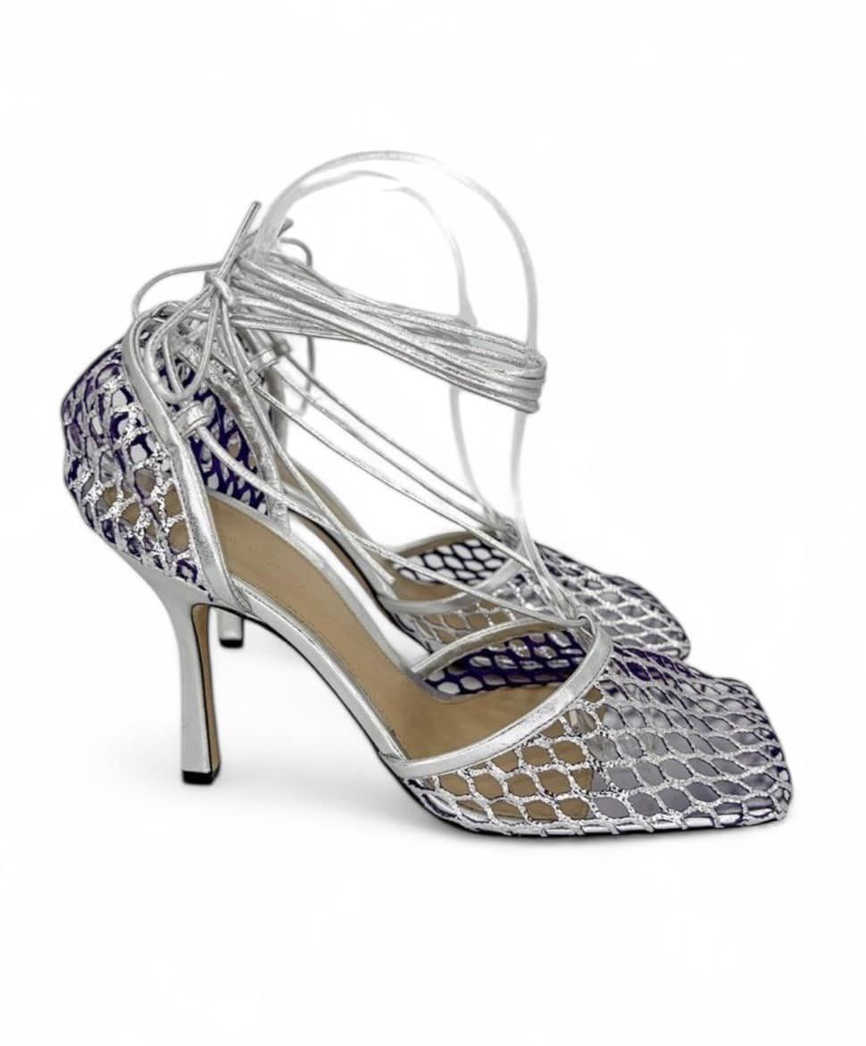 BOTTEGA VENETA Metallic Mesh Square Toe Lace Wrap Sandals Size EU39.5