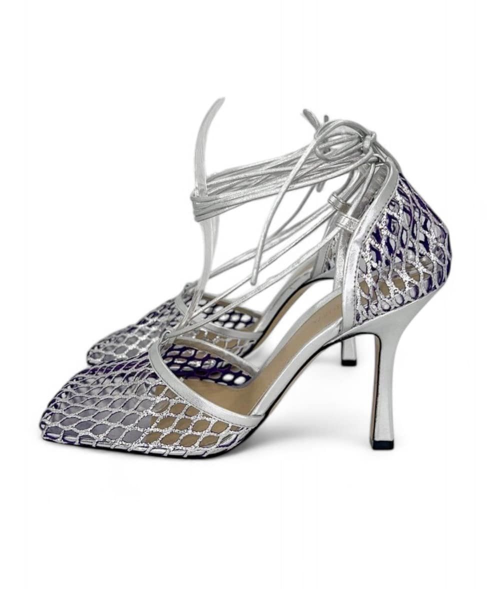 BOTTEGA VENETA Metallic Mesh Square Toe Lace Wrap Sandals Size EU39.5