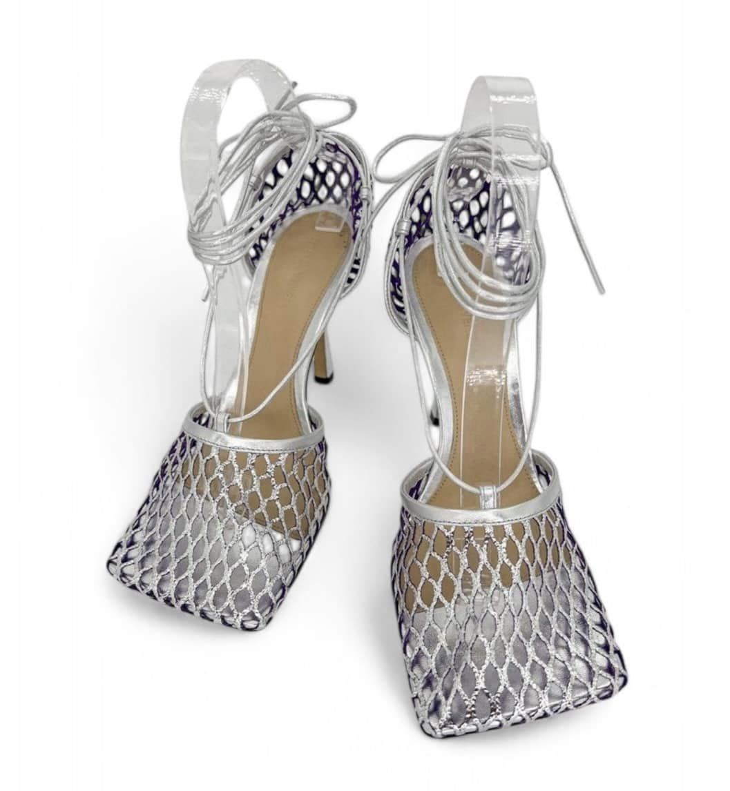 BOTTEGA VENETA Metallic Mesh Square Toe Lace Wrap Sandals Size EU39.5