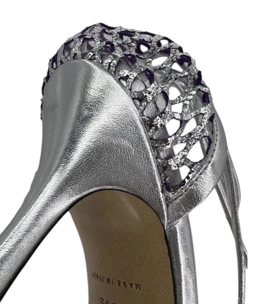 BOTTEGA VENETA Metallic Mesh Square Toe Lace Wrap Sandals Size EU39.5