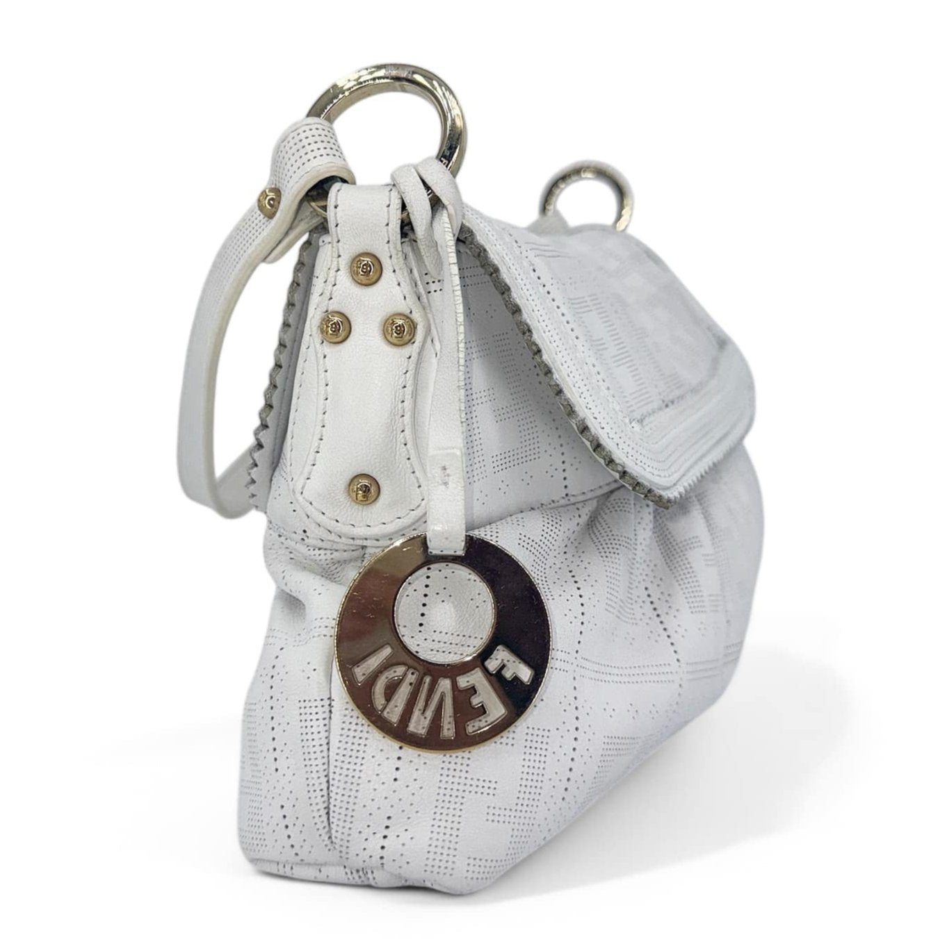 FENDI Chef Small White Perforated FF Zucca Calfskin Shoulder Bag