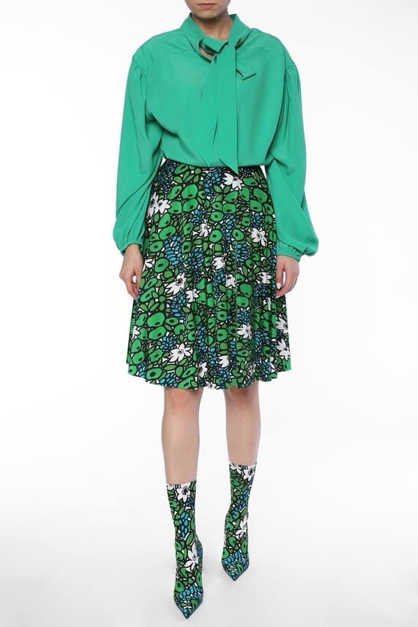 BALENCIAGA Spring 2017 Runway Green Floral Print High Waist Knee Length Skirt IT38