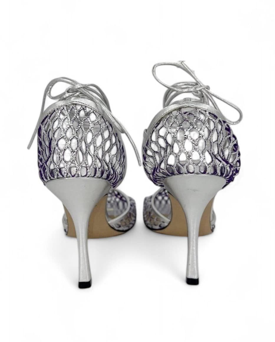 BOTTEGA VENETA Metallic Mesh Square Toe Lace Wrap Sandals Size EU39.5