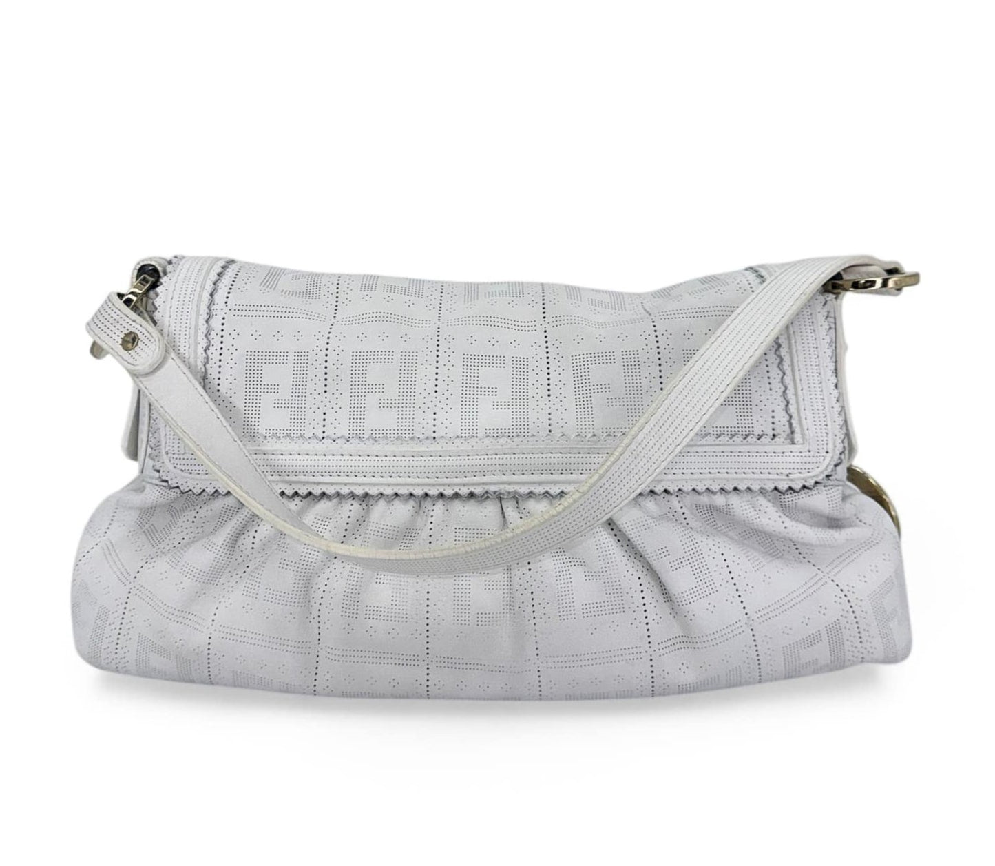 FENDI Chef Small White Perforated FF Zucca Calfskin Shoulder Bag