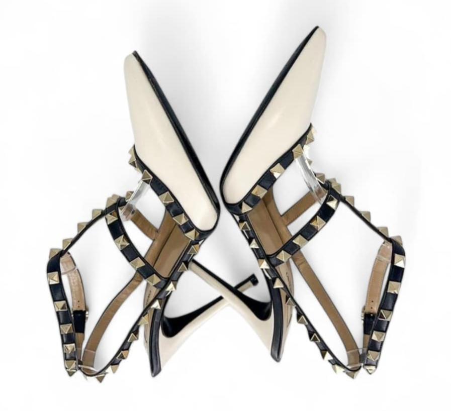 VALENTINO GARAVANI Beige Leather Caged Rockstud Pointed Toe Heels EU38.5