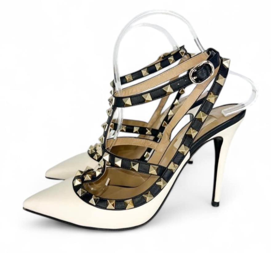 VALENTINO GARAVANI Beige Leather Caged Rockstud Pointed Toe Heels EU38.5