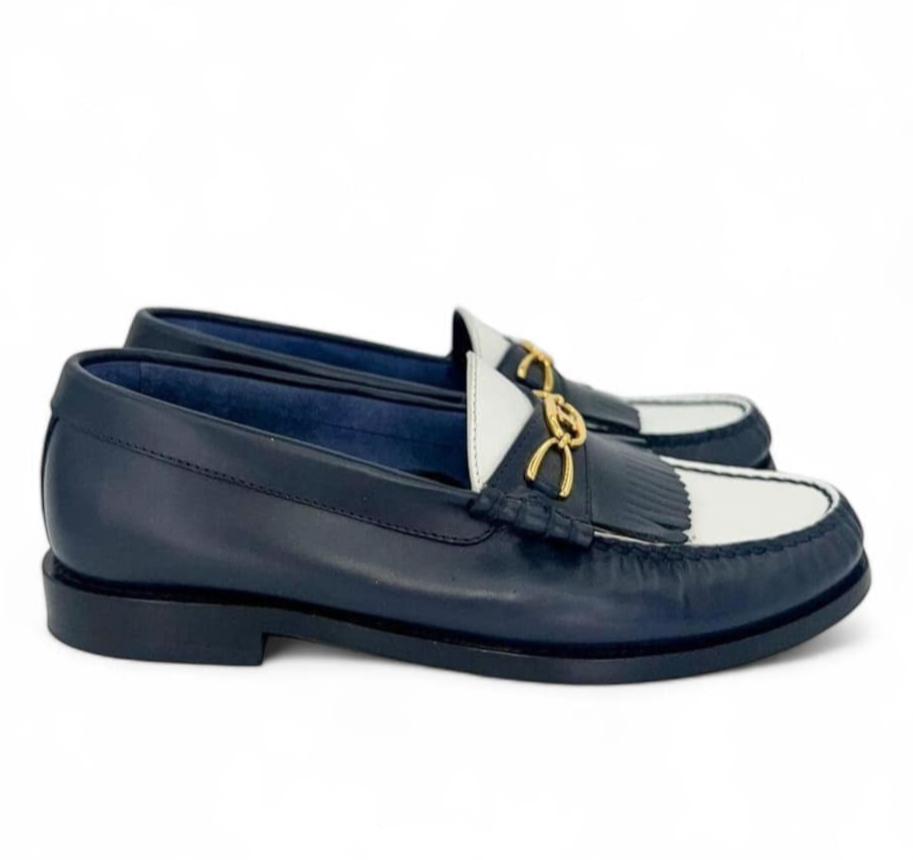 CELINE Women's Luco Triomphe Logo Navy & White Loafers IT36
