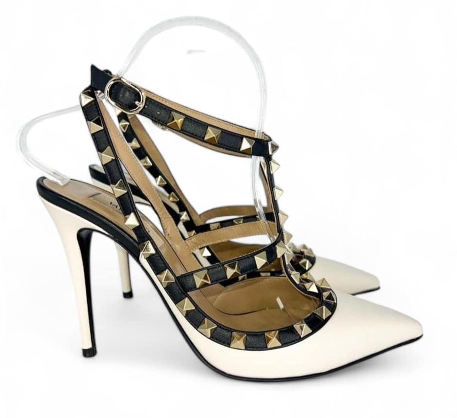 VALENTINO GARAVANI Beige Leather Caged Rockstud Pointed Toe Heels EU38.5