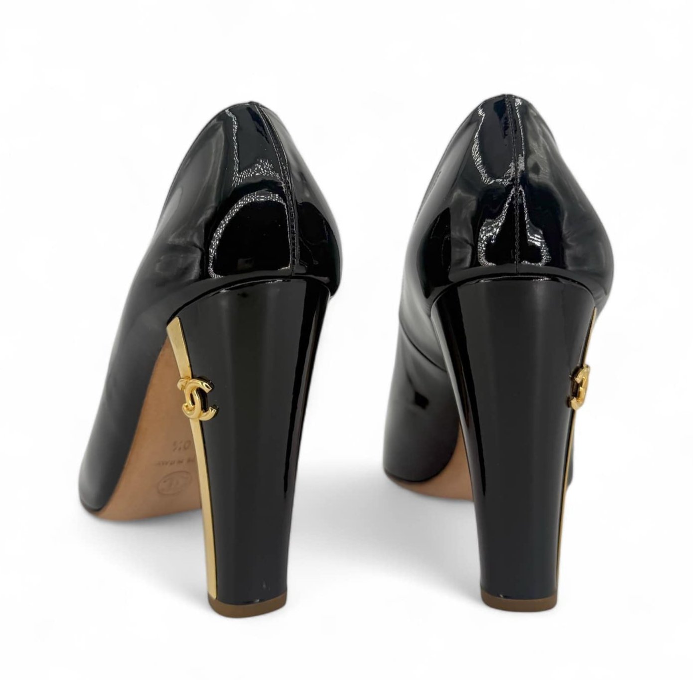 CHANEL Black & Gold Patent Leather CC Logo Heels IT40.5