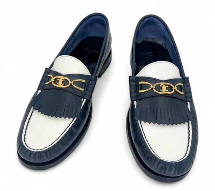 CELINE Women's Luco Triomphe Logo Navy & White Loafers IT36