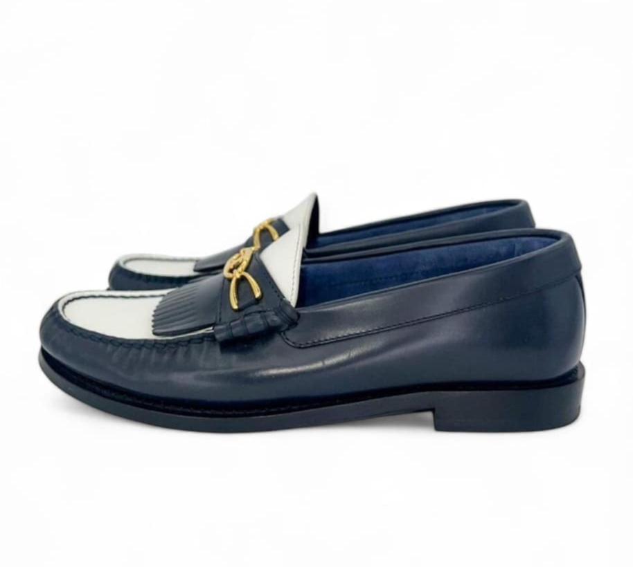 CELINE Women's Luco Triomphe Logo Navy & White Loafers IT36