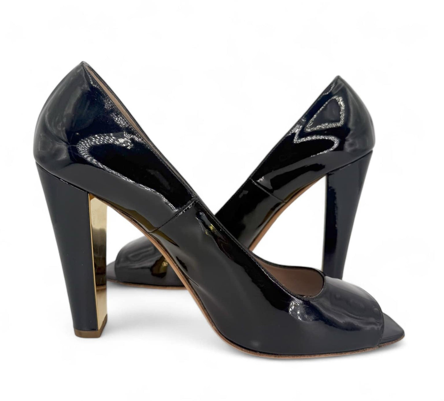 CHANEL Black & Gold Patent Leather CC Logo Heels IT40.5
