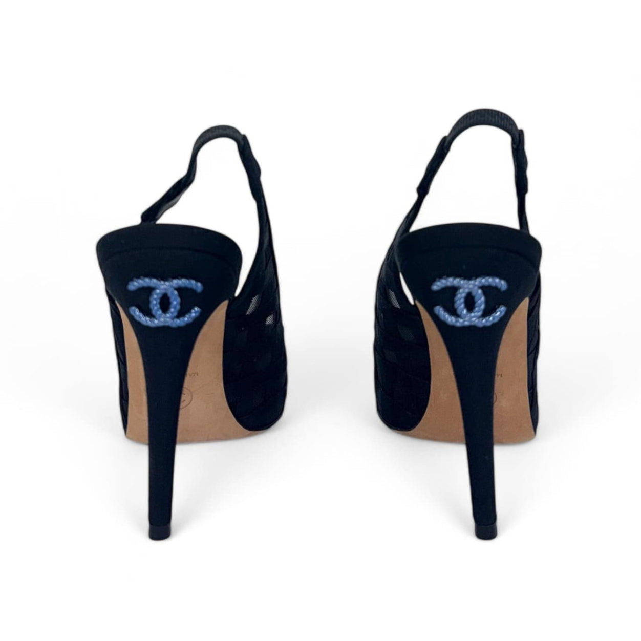 CHANEL 19' CC Logo Mesh & Grosgrain Cap Toe Slingback Heels EU36.5