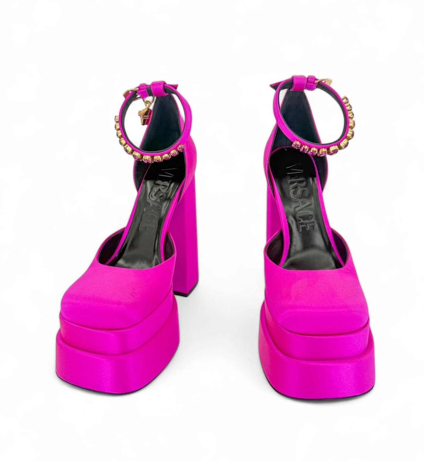 VERSACE "Beyonce" Aevitas Pink Crystal-Embellished Platform Block Heel Pumps EU38