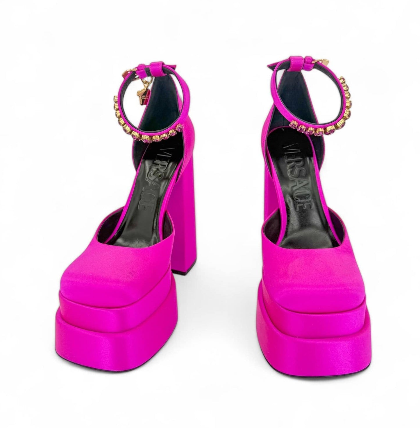VERSACE "Beyonce" Aevitas Pink Crystal-Embellished Platform Block Heel Pumps EU38